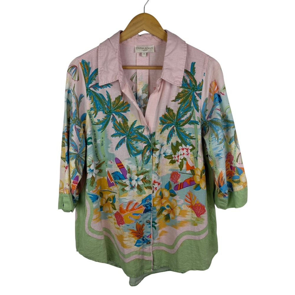 Cynthia Rowley Tropical Beach Print Linen Blend Button Down Shirt Sz 1X Colorful